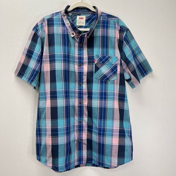 Levi's Other - Levi's Blue Pink Cotton Short Sleeve Button Front Polo Size XXL